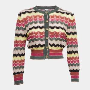 Pre Owned M Missoni Multicolor Patterned Knit Button Front Cropped Cardigan M