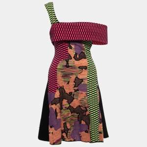 Pre Owned M Missoni Multicolor Patterned Stretch Knit Paneled One Shoulder Flared Short Dress M