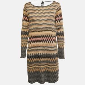 M Missoni Multicolor Chevron Lurex Knit Deep Neck Detailed Mini Dress M