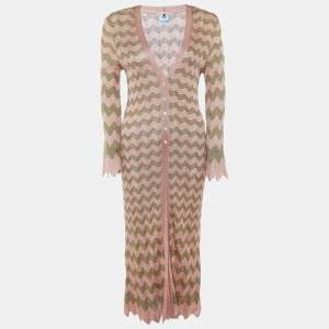 Pre Owned M Missoni Pink/Gold Patterned Lurex Knit Long Cardigan S