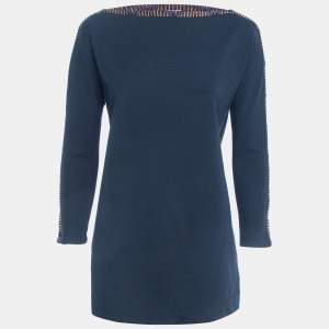 M Missoni Navy Blue Cotton Blend Knit Buttoned Sleeve Detail T-Shirt S