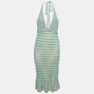 M Missoni Green Chevron Pattern Knit Tie-Up Neck Midi Dress L