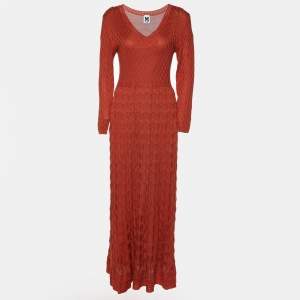 Pre Owned M Missoni Brick Red Textured Knit Long Sleeve Maxi Dress L