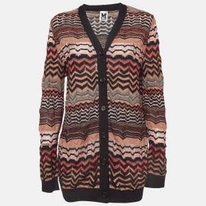 Pre Owned M Missoni Multicolor Chevron Pattern Perforated Knit Long Cardigan L