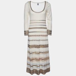 Pre Owned M Missoni Beige Striped Lurex & Wool Knit Long Dress M