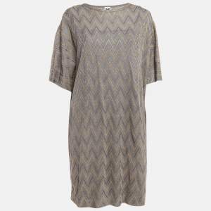 Pre Owned M Missoni Grey & Gold Chevron Pattern Lurex Knit Short Dress S