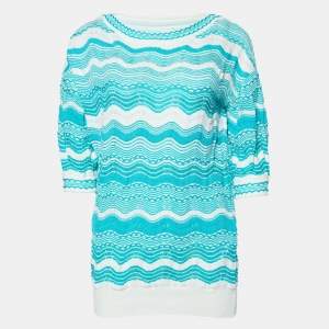 Pre Owned M Missoni White/Blue Wavy Textured Knit Jumper M