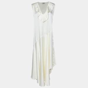 Pre Owned Fendi Cream Satin Ruffled Sleeveless Maxi Dress S