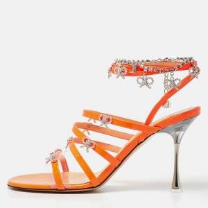 Mach & Mach Neon Orange Patent Leather Crystal Bow Camille Sandals Size 38