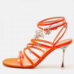 Mach & Mach Neon Orange Patent Leather Crystal Bow Camille Sandals Size 39