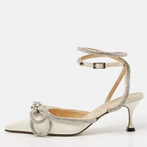 Pre Owned Mach & Mach White Satin Crystal Embellished Double Bow Pumps Size 37
