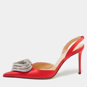 Pre Owned Mach & Mach Red Satin Triple Heart Slingback Pumps Size 37.5