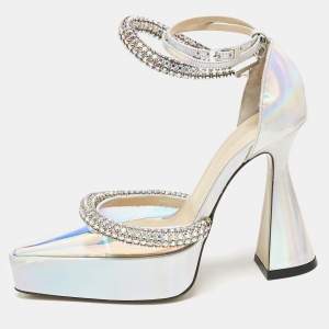 Pre Owned Mach & Mach Silver Iridescent PVC Crystal Embellished Kimberly Platform Pumps Size 36