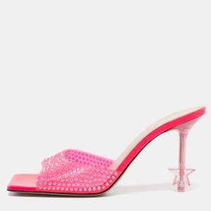Mach & Mach Neon Pink PVC Crystal Embellished Star Slide Sandals Size 40