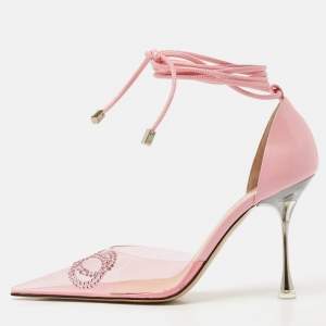 Mach & Mach Pink Leather and PVC Crystal Embellished Bow Ankle Tie Pumps Size 39