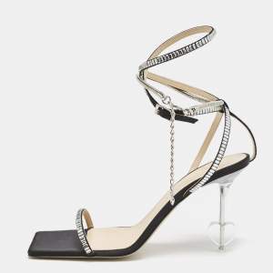 Mach & Mach Black Satin Crystal Embellished Heart Ankle Strap Sandals Size 41