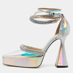 Mach & Mach Silver Iridescent PVC Crystal Embellished Kimberly Platform Pumps Size 38