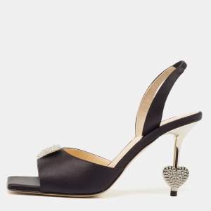 Mach & Mach Black Satin Crystal Heart Slingback Sandals Size 37.5