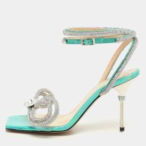Mach & Mach Multicolor Iridescent Leather and PVC Crystal Embellished Bow Ankle Wrap Sandals Size 37 