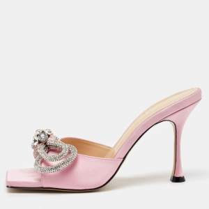 Mach & Mach Light Pink Satin Crystal Embellished Double Bow Slide Sandals Size 39