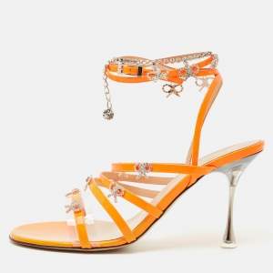 Mach & Mach Neon Orange Patent Leather Crystal Bow Camille Sandals Size 38.5