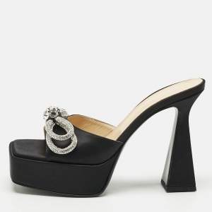 Mach & Mach Black Satin Double Bow Platform Slide Sandals Size 41