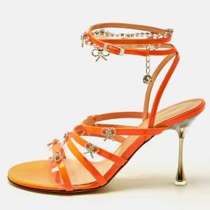 Mach & Mach Neon Orange Patent Leather Crystal Bow Camille Sandals Size 37