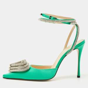 Mach & Mach Green Satin Crystal Embellished Triple Heart Ankle Wrap Pumps Size 41