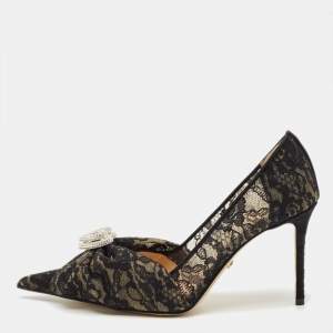 Pre Owned Mach & Mach Black Lace Draped Double Heart Pumps Size 38