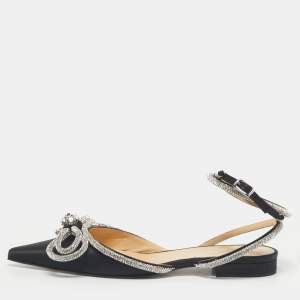Pre Owned Mach & Mach Black Satin Double Bow Crystal Embellished Ankle Wrap Flat Sandals Size 41