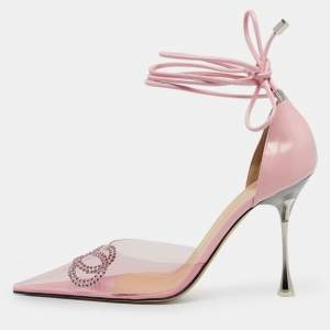 Pre Owned Mach & Mach Pink Leather and PVC Crystal Embellished Bow Ankle Wrap Sandals Size 39.5