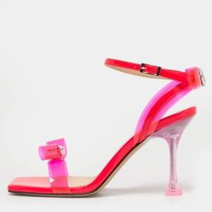 Pre Owned Mach & Mach Neon Pink PVC and Patent Leather French Bow Sandals Size 37.5