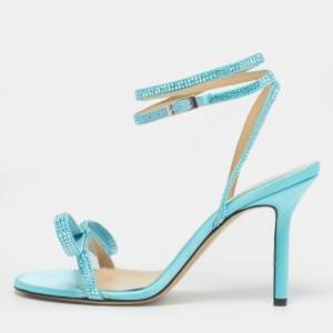 Pre Owned Mach & Mach Blue Satin and PVC French Bow Sandals Size 37.5