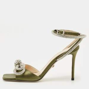 مملوكة مسبقًا Mach & Mach Double Bow Size 39 Khaki Satin Ankle Strap Sandals