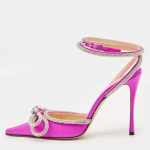 مملوكة مسبقًا Mach & Mach Double Bow Size 41 Pink Satin Ankle Strap Pumps