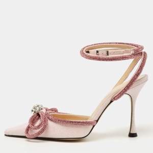 Pre Owned Mach & Mach Pink Glitter Crystal Embellished Double Bow Ankle Wrap Pumps Size 39