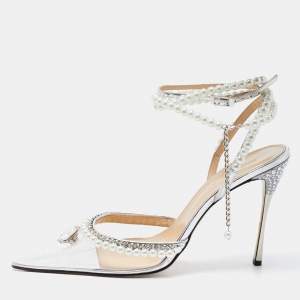 Pre Owned Mach & Mach Transparent PVC Faux Pearl and Crystal Embellished Ankle Wrap Pumps Size 42