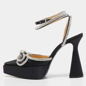 Pre Owned Mach & Mach Black Satin Double Bow Crystal Embellished Platform Pumps Size 40.5