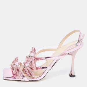 Pre Owned Mach & Mach Purple Leather and PVC Crystal Embellished Accents Slingback Sandals Size 39