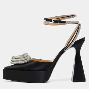 Pre Owned Mach & Mach Black Satin Triple Hear Embellished Ankle Strap Pumps Size 41