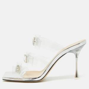 Mach & Mach Silver PVC and Patent Leather French Triple Bow Sandals Size 36.5