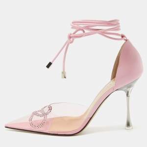 Mach & Mach Pink Leather and PVC Crystal Embellished Pointed Toe Ankle Wrap Sandals Size 39