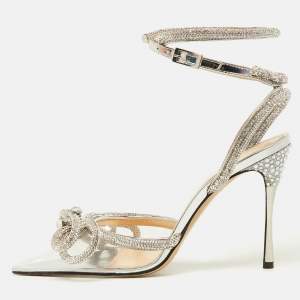Pre Owned Mach & Mach Silver/Transparent PVC Crystal Embellished Ankle Strap Sandals Size 35