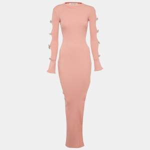 Pre Owned Mach & Mach Pink Rib Knit Cut-Out Crystal Bow Maxi Dress XS