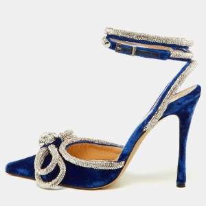 Pre Owned Mach & Mach Blue Velvet Crystal Embellished Bow Ankle Wrap Pointed Toe Pumps Size 36
