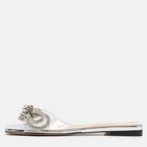 Pre Owned Mach & Mach Transparent PVC Crystal Embellished Double Bow Flat Slides Size 37