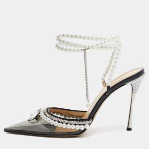 Pre Owned Mach & Mach Black PVC Diamond of Elizabeth Imitation Pearl Pumps Size 39.5