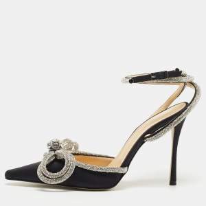 Pre Owned Mach & Mach Black Satin Crystal Embellished Bow Ankle Wrap Pointed Toe Pumps Size 42