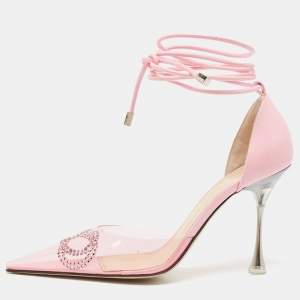 Pre Owned Mach & Mach Pink Leather and PVC Crystal Embellished Bow Ankle Wrap Sandals Size 37