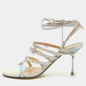 Mach & Mach Silver Iridescent Leather Crystal Bow Camille Sandals Size 37